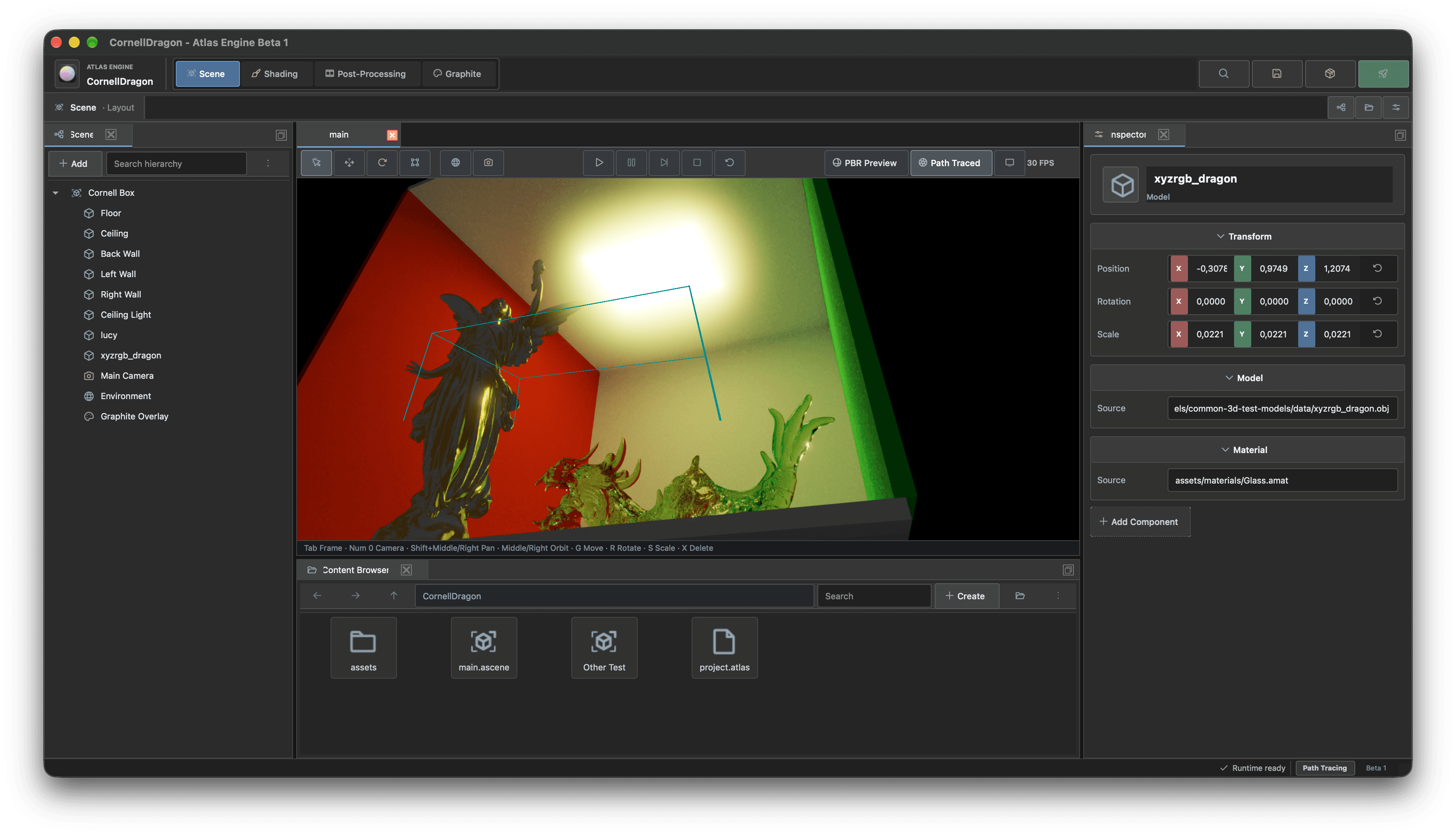 Atlas scene editor with a scene hierarchy, 3D viewport, inspector and content browser